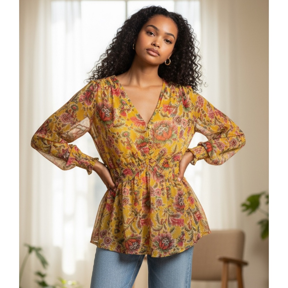 Anthropologie Floral Print Chiffon Long Sleeve Top Small Boho Bohemian